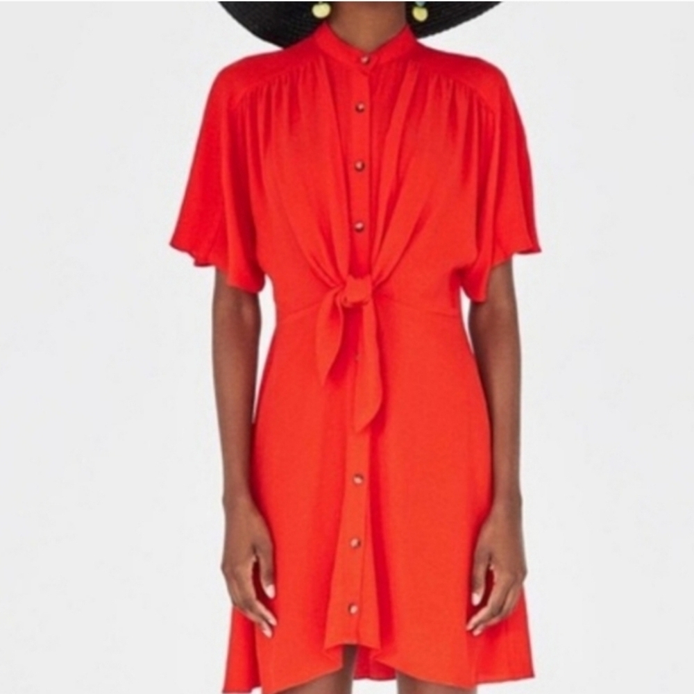 Zara Women's Midi Shirt Dress Red 100% Viscose Size Large Comfort Lightweight